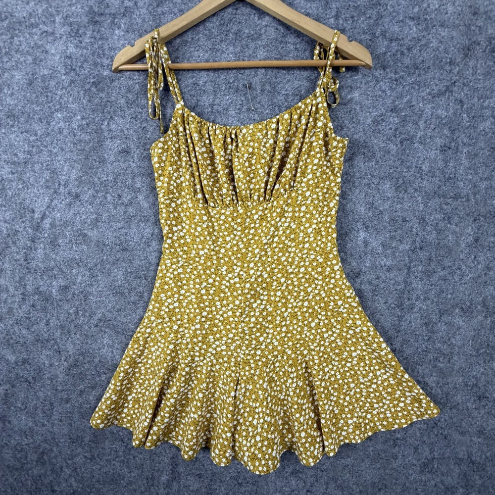 Women Romper Small Yellow Floral Stretch Smocked Milkmaid Picnic Bohemian Beach